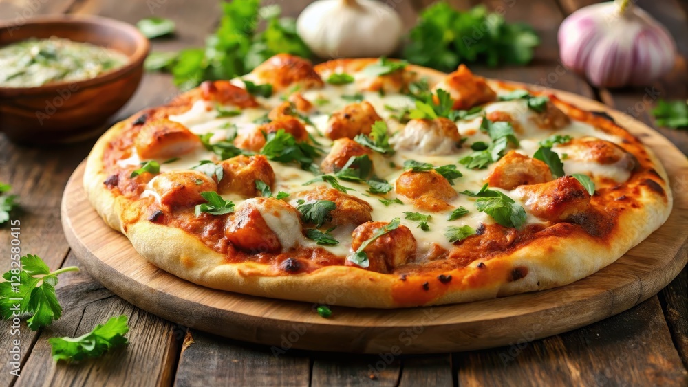 A close-up shot of a delicious homemade chicken tikka pizza with melted mozzarella cheese A close-up shot of a delicious homemade chicken tikka pizza with melted mozzarella cheese