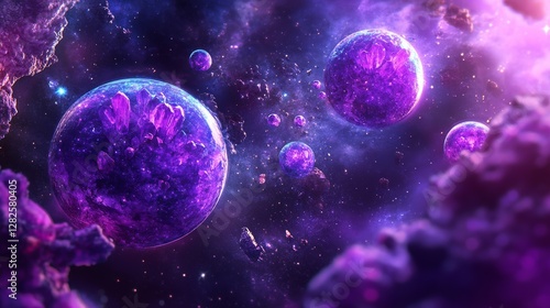 3d rendering, neon purple space background, abstract space illustration of planets with amethysts and crystals growing, percent, neon purple background, theme  space, clear lines