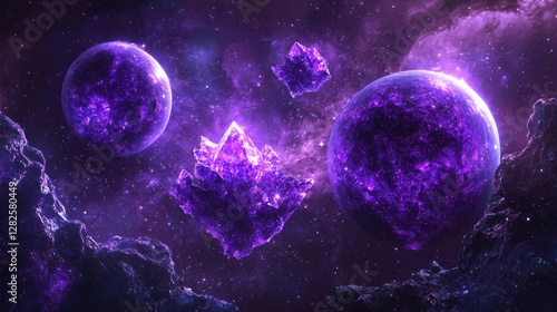 3d rendering, neon purple space background, abstract space illustration of planets with amethysts and crystals growing, percent, neon purple background, theme  space, clear lines