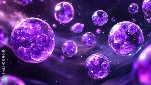 3d rendering, neon purple space background, abstract space illustration of planets with amethysts and crystals growing, percent, neon purple background, theme  space, clear lines