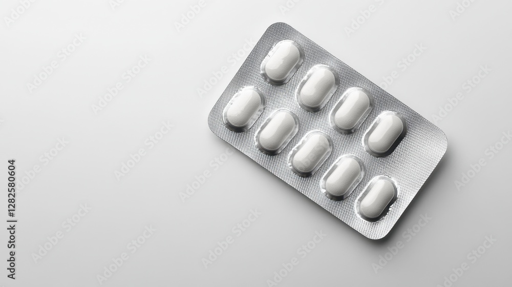 Close-up view of a white pill on a clean surface with soft lighting and shadow effects Close-up view of a white pill on a clean surface with soft lighting and shadow effects