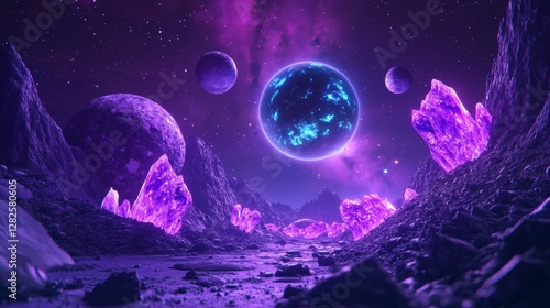 3d rendering, neon purple space background, abstract space illustration of planets with amethysts and crystals growing, percent, neon purple background, theme  space, clear lines