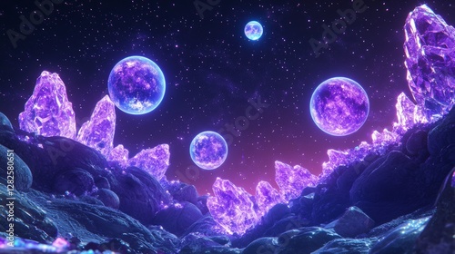 3d rendering, neon purple space background, abstract space illustration of planets with amethysts and crystals growing, percent, neon purple background, theme  space, clear lines