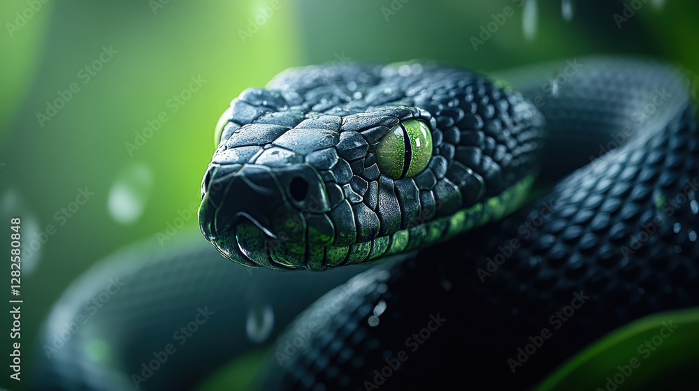 Fototapeta premium close up of huge black snake with vibrant green eyes, glistening in light, surrounded by lush greenery and droplets of water, evokes sense of intrigue and beauty