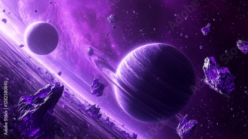 3d rendering, neon purple space background, abstract space illustration of planets with amethysts and crystals growing, percent, neon purple background, theme  space, clear lines