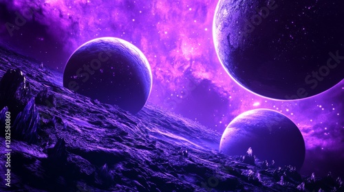 3d rendering, neon purple space background, abstract space illustration of planets with amethysts and crystals growing, percent, neon purple background, theme  space, clear lines