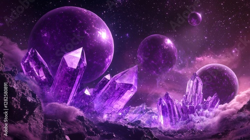3d rendering, neon purple space background, abstract space illustration of planets with amethysts and crystals growing, percent, neon purple background, theme  space, clear lines