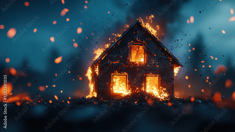 Naklejka premium dramatic scene of house engulfed in flames, surrounded by glowing embers and smoke, creating sense of urgency and destruction