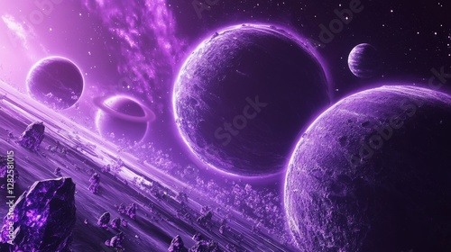 3d rendering, neon purple space background, abstract space illustration of planets with amethysts and crystals growing, percent, neon purple background, theme  space, clear lines