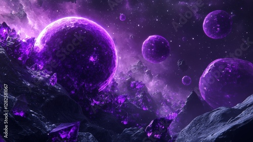 3d rendering, neon purple space background, abstract space illustration of planets with amethysts and crystals growing, percent, neon purple background, theme  space, clear lines