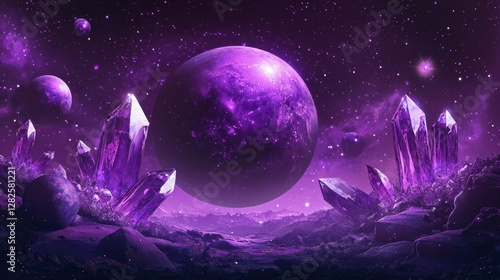 3d rendering, neon purple space background, abstract space illustration of planets with amethysts and crystals growing, percent, neon purple background, theme  space, clear lines