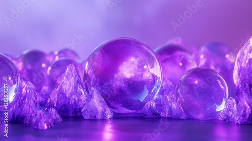 3d rendering, neon purple space background, abstract space illustration of planets with amethysts and crystals growing, percent, neon purple background, theme  space, clear lines