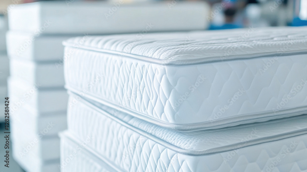 Freshly manufactured mattresses stacked in factory setting, showcasing their clean, white design and quilted texture. atmosphere conveys sense of quality and craftsmanship Freshly manufactured mattresses stacked in factory setting, showcasing their clean, white design and quilted texture. atmosphere conveys sense of quality and craftsmanship