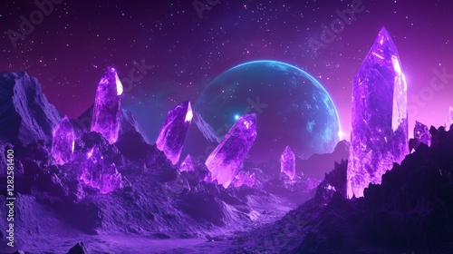 3d rendering, neon purple space background, abstract space illustration of planets with amethysts and crystals growing, percent, neon purple background, theme space, clear lines