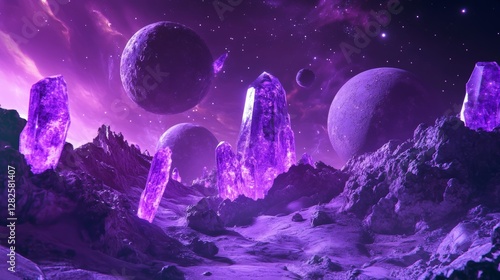 3d rendering, neon purple space background, abstract space illustration of planets with amethysts and crystals growing, percent, neon purple background, theme  space, clear lines