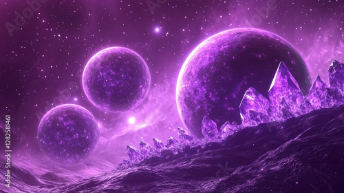 3d rendering, neon purple space background, abstract space illustration of planets with amethysts and crystals growing, percent, neon purple background, theme  space, clear lines