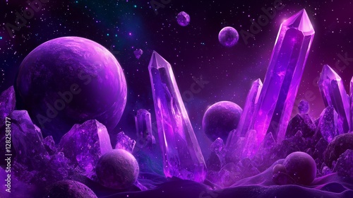 3d rendering, neon purple space background, abstract space illustration of planets with amethysts and crystals growing, percent, neon purple background, theme  space, clear lines