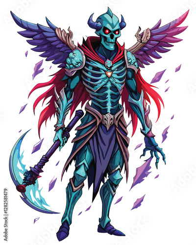 A cursed warrior, skeletal wings spread wide, decaying body partially obscured, dark fantasy art.  Focus on detailed skeletal wings and decaying flesh.