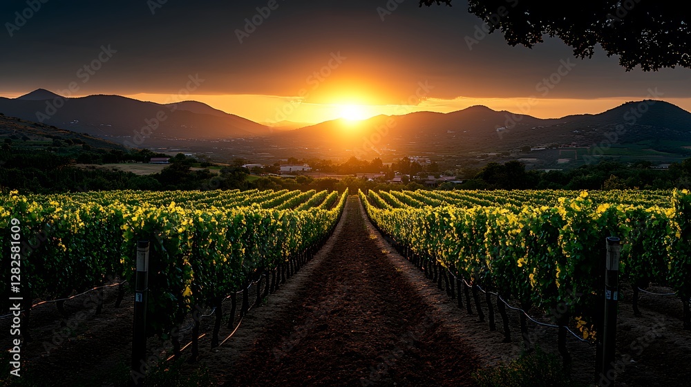Fototapeta premium Sunset over a vineyard with rows of grapevines leading to distant hills and a serene landscape