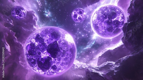 3d rendering, neon purple space background, abstract space illustration of planets with amethysts and crystals growing, percent, neon purple background, theme space, clear lines