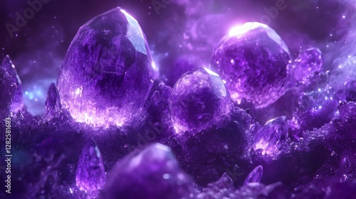 3d rendering, neon purple space background, abstract space illustration of planets with amethysts and crystals growing, percent, neon purple background, theme space, clear lines