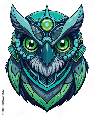Render a detailed image of a cybernetic owl head, featuring advanced night vision technology integrated seamlessly into its design.  Focus on intricate mechanical details and realistic owl features.