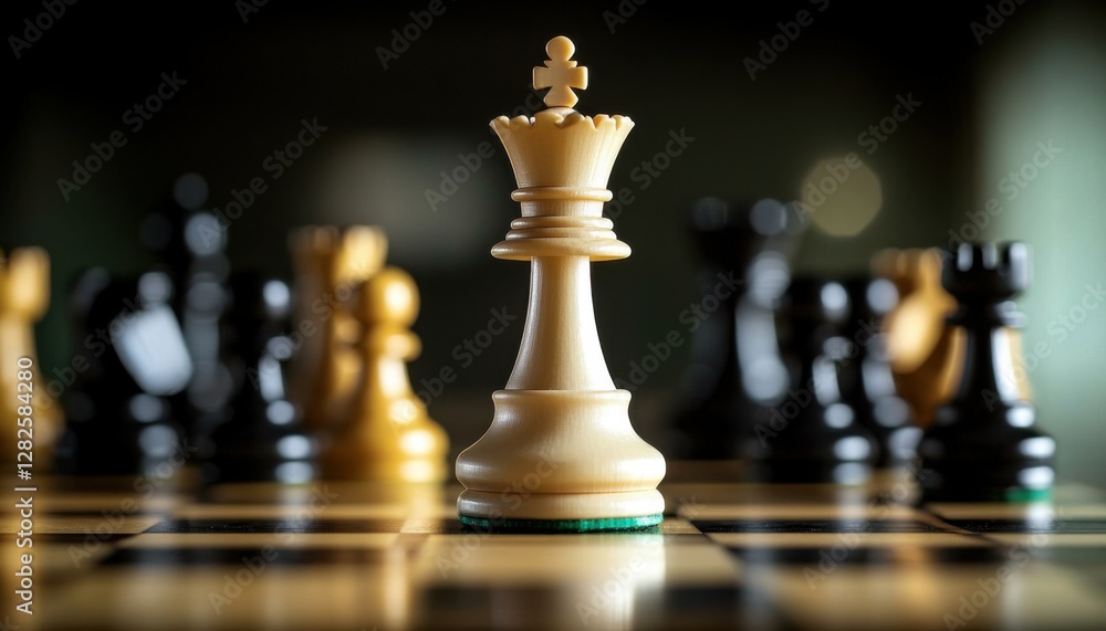 A close-up of a white king chess piece surrounded by black pieces, symbolizing strategy and competition in the game of chess. A close-up of a white king chess piece surrounded by black pieces, symbolizing strategy and competition in the game of chess.
