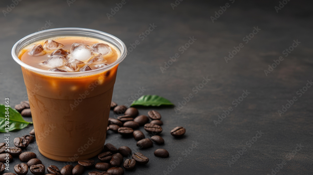 Iced coffee drink with ice cubes, coffee beans, and green leaves Iced coffee drink with ice cubes, coffee beans, and green leaves