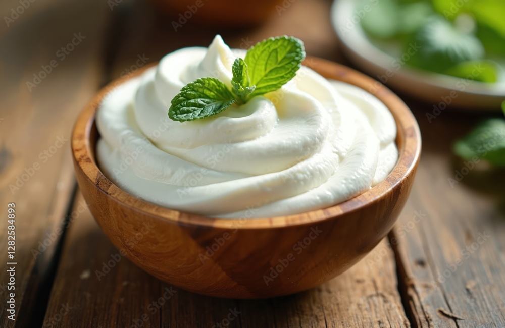 Whipped yogurt in wooden bowl, garnished with fresh mint leaves. Sweet, creamy dessert with smooth texture on wooden table. Confection for culinary presentation. Simple, elegant, delicious homemade