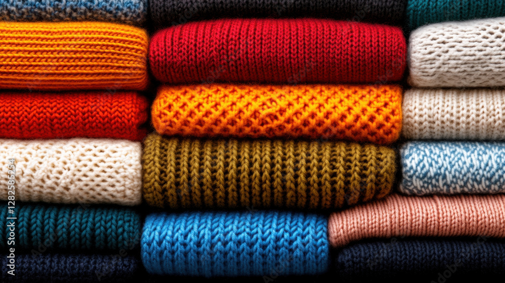 Colorful collection of unique handmade knitted items stacked neatly, showcasing various textures and patterns that evoke warmth and comfort Colorful collection of unique handmade knitted items stacked neatly, showcasing various textures and patterns that evoke warmth and comfort