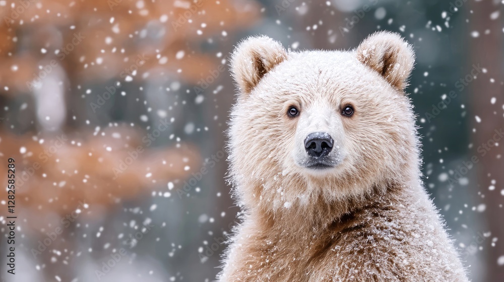 Fototapeta premium Young bear, snowy forest, winter, wildlife portrait, nature background