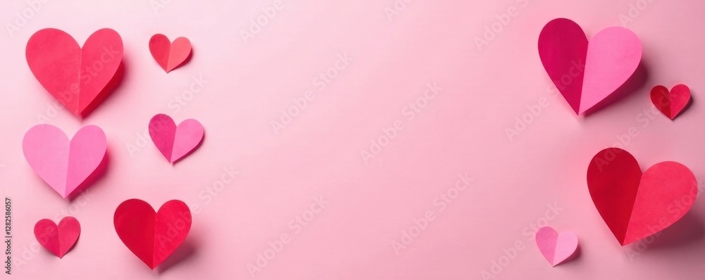 Delicate pink and red paper hearts scattered on a soft pink background , valentines day, love Delicate pink and red paper hearts scattered on a soft pink background , valentines day, love