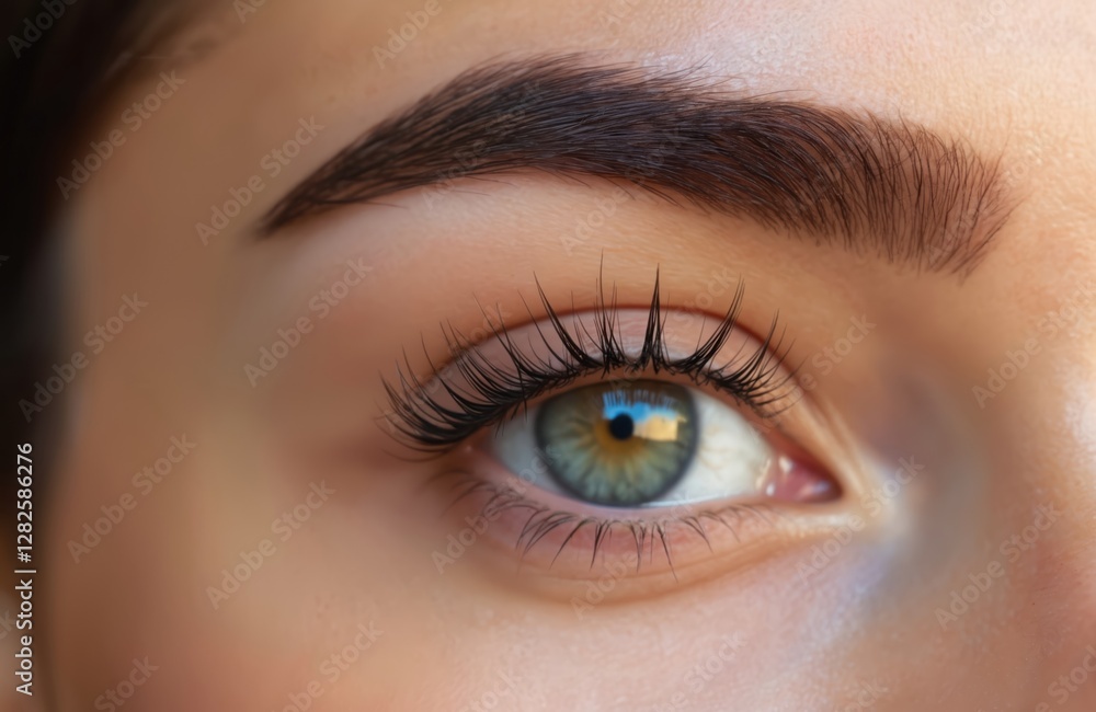 Close-up shot of beauty eye with perfect eyebrow and eyelash extensions. Macro detail of eye make-up, cosmetic skin care, visage. Attractive natural beauty, eyebrow shaping, eyelash extension concept. Close-up shot of beauty eye with perfect eyebrow and eyelash extensions. Macro detail of eye make-up, cosmetic skin care, visage. Attractive natural beauty, eyebrow shaping, eyelash extension concept.