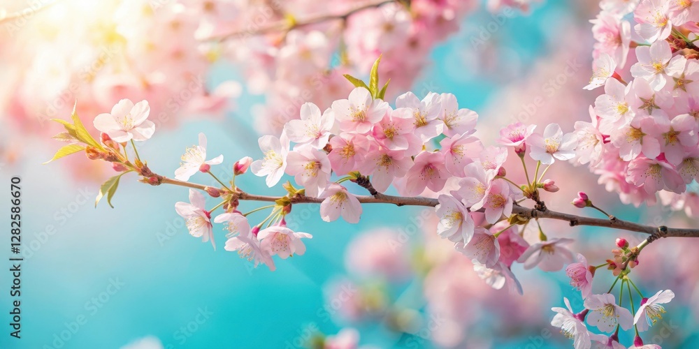 Muted pastel colors of cherry blossoms against a soft blue sky on a sunny afternoon Muted pastel colors of cherry blossoms against a soft blue sky on a sunny afternoon
