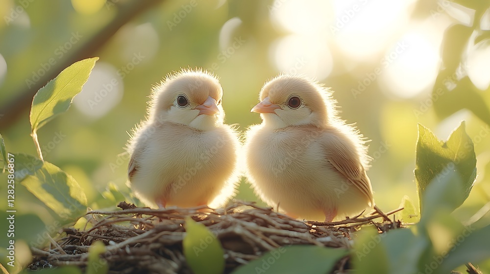 Two fluffy baby birds sitting together in a nest surrounded by lush green leaves, with soft sunlight filtering through Two fluffy baby birds sitting together in a nest surrounded by lush green leaves, with soft sunlight filtering through