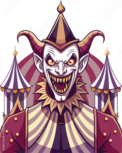 A terrifying demonic jester, sharp jagged teeth bared, standing menacingly.  Intricate details, dark fantasy art style.