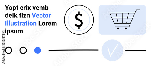 Shopping cart icon next to a dollar sign, abstract text, and navigation elements. Ideal for e-commerce, online shopping, retail, store management, digital transactions, finance marketing platforms