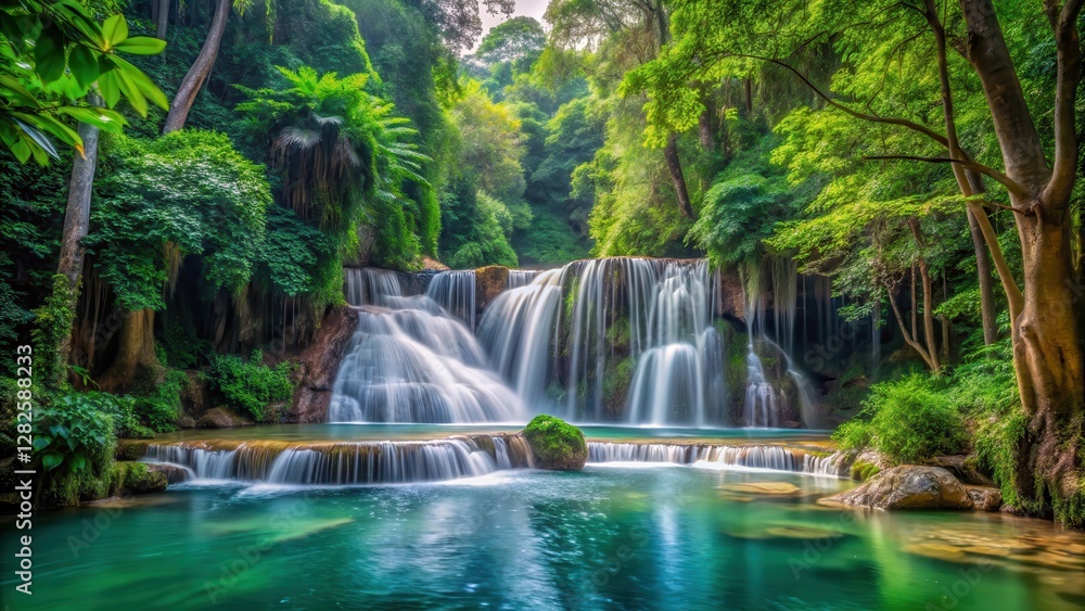Waterfall surrounded by dense jungle foliage and vibrant greenery in Pak Khlong, trees, outdoor, trees, outdoor Waterfall surrounded by dense jungle foliage and vibrant greenery in Pak Khlong, trees, outdoor, trees, outdoor