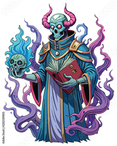 A terrifying demonic priest, cloaked and horned, clutching an ancient, leather-bound grimoire, his body radiating dark energy.