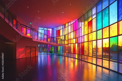 Colorful stained glass interior hallway photo