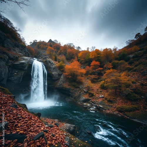 an image of a waterfall in the middle of a forest, there is a waterfall in the middle of a forest with fall leaves photo