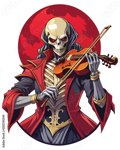 A demonic violinist with unnervingly elongated fingers, playing a fiery violin, amidst swirling smoke and shadows.