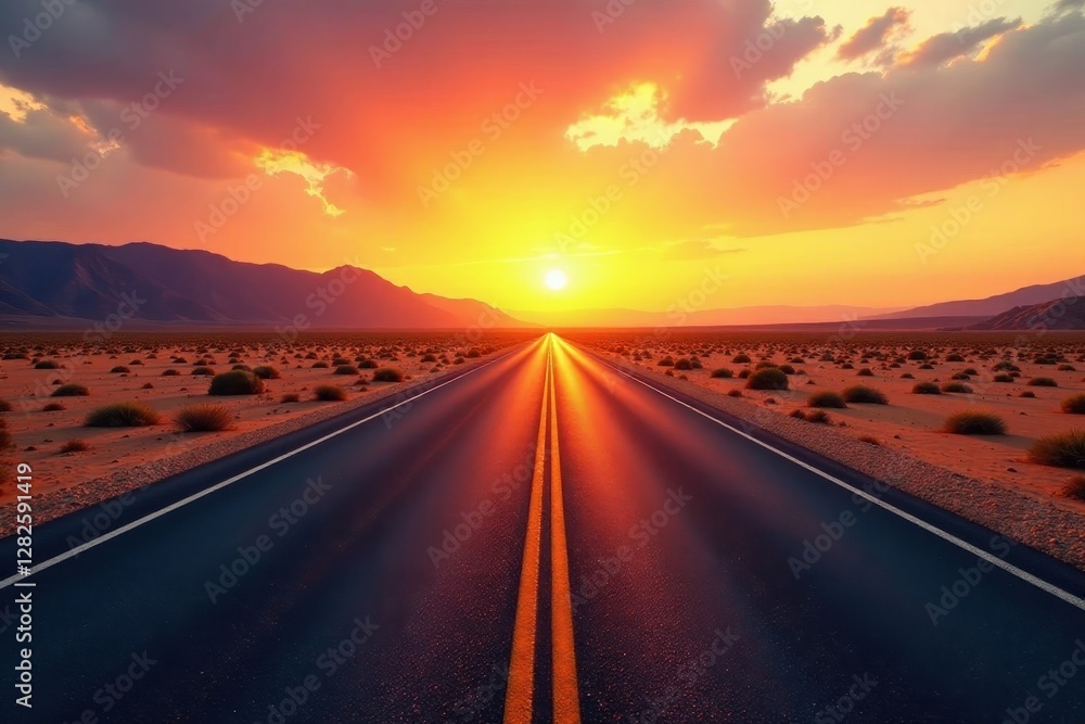 Naklejka premium Long shadows stretch across endless desert road at sunset , golden hour, highway, picturesque