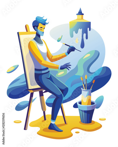A faceless artist, wearing flowing robes, paints on a large, rectangular canvas floating serenely in mid-air.  The scene is ethereal and dreamlike.
