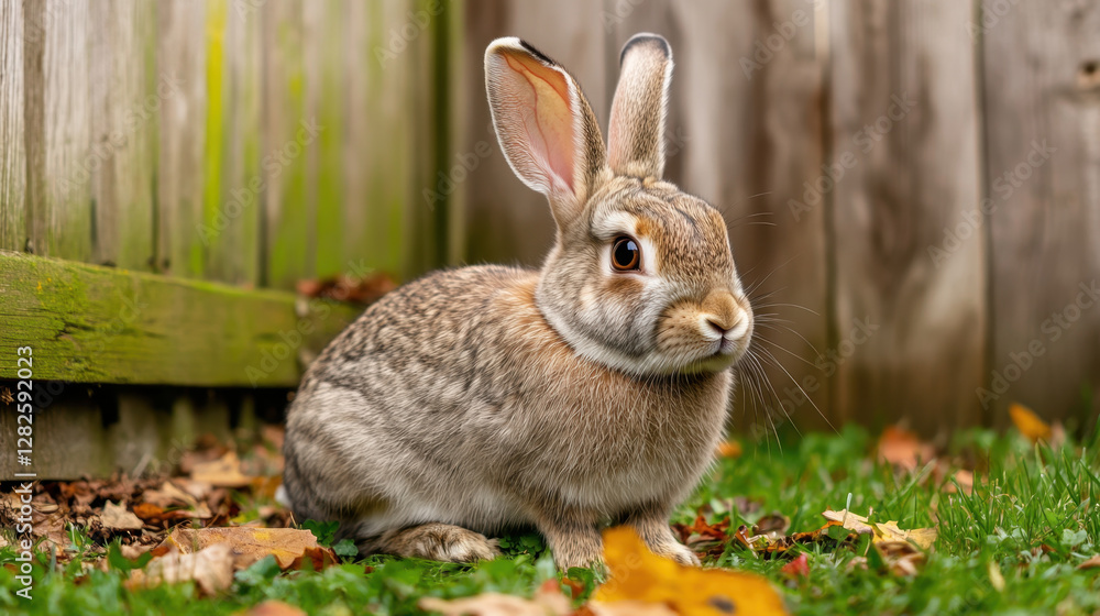 Fototapeta premium cute rabbit sitting on green grass near wooden fence, surrounded by autumn leaves. rabbit has soft fur and attentive ears, creating serene and peaceful atmosphere