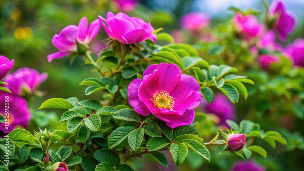 Prickly rose bush in full bloom with vibrant pink and purple petals amidst lush green foliage, surrounded by thorny stems, prickly blossoms, nature Prickly rose bush in full bloom with vibrant pink and purple petals amidst lush green foliage, surrounded by thorny stems, prickly blossoms, nature