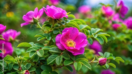 Prickly rose bush in full bloom with vibrant pink and purple petals amidst lush green foliage, surrounded by thorny stems, prickly blossoms, nature photo