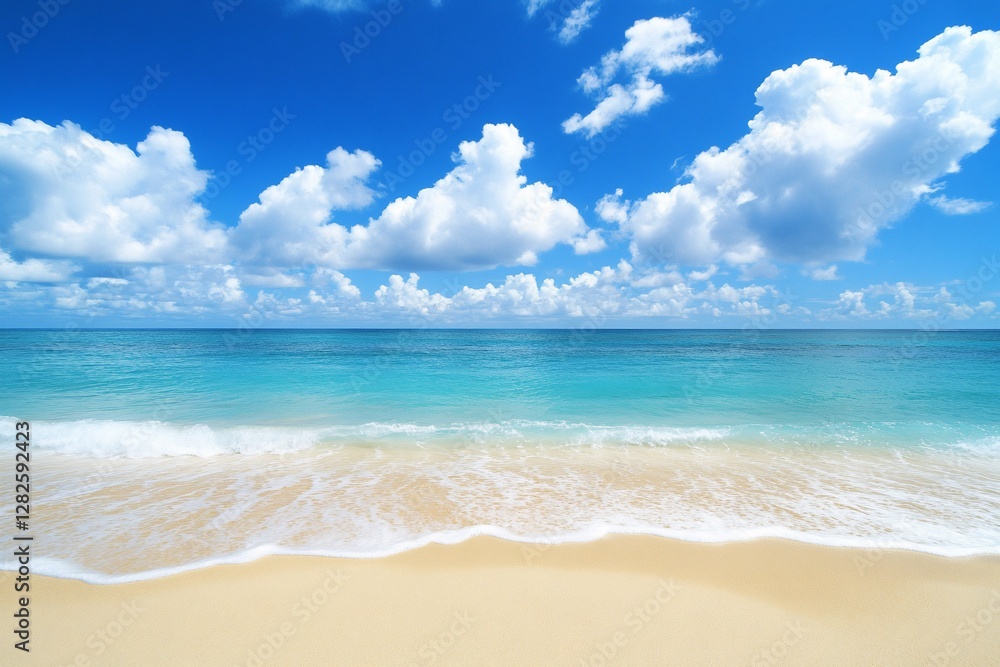 Serene beach scene with gentle waves and fluffy clouds under a bright sky Serene beach scene with gentle waves and fluffy clouds under a bright sky