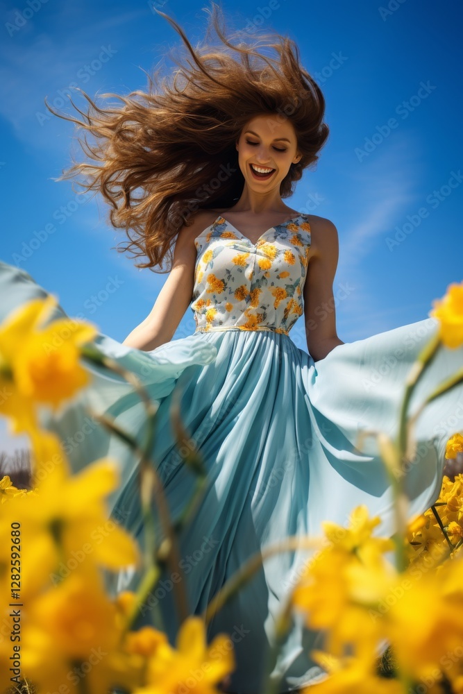Obraz premium Woman dancing in vibrant yellow flower field