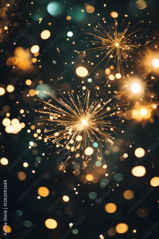 Obraz premium Sparkling fireworks display at night, celebratory bokeh background, ideal for holiday greeting cards